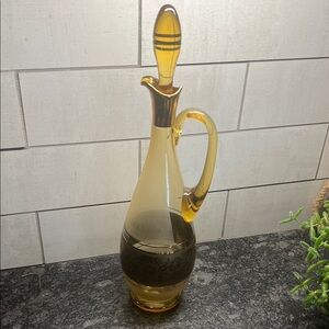 Vtg Stretch Art Glass MCM Amber Liquor Wine Decanter Gold Gilt Trim Bohemian 16"